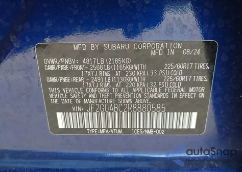 2024 Subaru Crosstrek z USA, uszkodzony, nr VIN JF2GUABC2R8880585